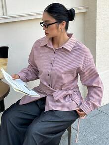 Dazy Plus Fashionable Turndown Collar Casual Striped Loose Asymmetrical Cinched Waist Long Sleeve Commuting Shirt - Pink - View 4