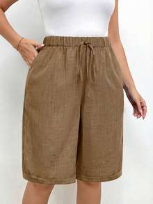 EMERY ROSE Quần short Bermuda nữ cỡ lớn, màu trơn, thắt eo, có túi. - Màu Khaki - Xem 6