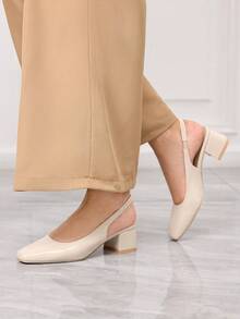Sleekvia Chaussures femme à bout carré, talon court et moyen, bride arrière abricot. Classique, simple, mode de base, confortable, polyvalent, idéal pour le travail, les courses. Chaussures plates avec bride arrière, sans rembourrage - Abricot profond - Voir 5