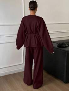 DAZY 2pcs/Set Women Loose Casual Wrap Sweater, Autumn/Winter - Burgundy - View 2