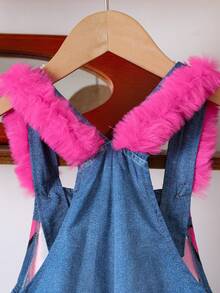 Sparklyn Young Girl Y2K Casual Street Style Cute Girl Portrait, Bow, Heart Denim Effect, Hand-Painted Graffiti Patchwork Fuchsia Fleece Bib Pants Overall - Multicolor - View 6