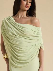 SHEIN BAE Spring/Summer Solid Light Green Ruched One-Shoulder Fitted Elegant Maxi Mesh Dress, Bodycon Fitted Elegant Dress, Flowing Dress - Green - View 6