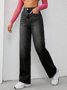 女士宽松直筒加厚口袋牛仔裤，适合感恩节和圣诞节穿着，休闲百搭。 - 黑色 - 查看 3