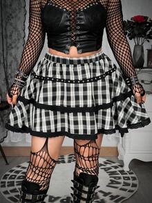 Whyspr Plus Size Black & White Plaid Ruffle Patchwork Studded A-Line Mini Skirt - Multicolor - View 3