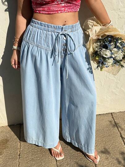 Sunnyshic Plus Size Women Pleated Casual Wide Leg High Waist Loose Drawstring Denim Jeans