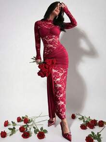 Firerie Đầm ren đỏ xuyên thấu kiểu vintage dành cho nữ, thích hợp cho tiệc Giáng sinh, Năm mới, Lễ Tạ ơn, phong cách Y2K, dự tiệc, hộp đêm. - Màu Đỏ Sâu - Xem 4
