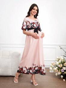 Momance 孕妇撞色印花圆领短袖连衣裙 - 粉色 - 查看 3