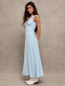 WESTFADE V领花卉刺绣缎面蝴蝶结系带无袖中长连衣裙，适合冬季、春季、度假、休闲、可爱、波西米亚风、牛仔风、西部风女装，纳什维尔 - 藍色 - 查看 4