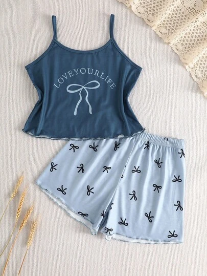 两件套少女无袖上衣短裤套装，藏蓝色上衣搭配浅蓝色蝴蝶印花短裤，休闲、优雅、舒适、修身，夏季家居服