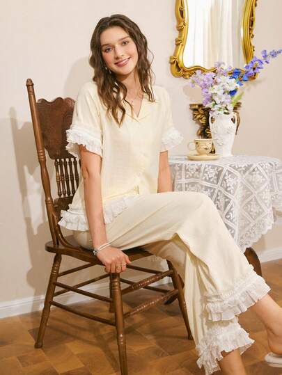 法国南部优雅蕾丝撞色开衫睡衣套装（女士款）