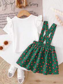 SHEIN 2 pièces/Set Top sans manches à imprimé floral et jupe à bretelles imprimée pour bébé fille, convient pour les déplacements, les vacances et autres occasions, 6M-3T, Vêtements pour bébé fille, Ensembles d'été 2 pièces pour bébé fille, Vêtements bébé arabe, Tenue bébé arabe, Vêtements pour bébé fille - Vert sapin - Voir 2