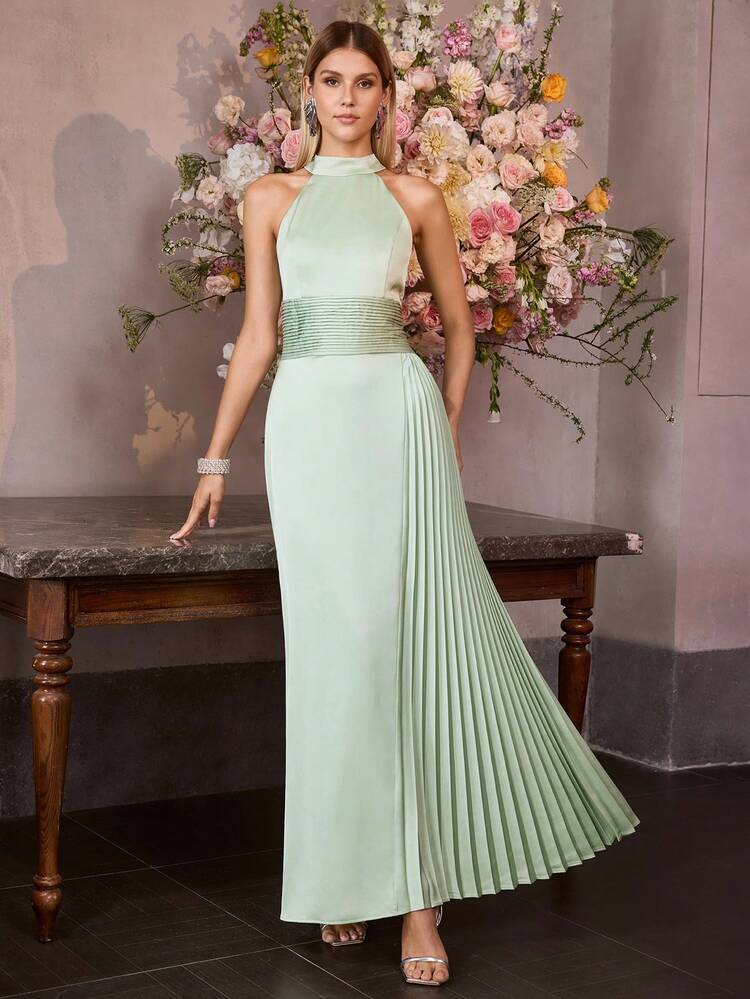 MOTF Soiréza WOMEN'S PLEATED HALTER NECK SATIN PARTY MERMAID DRESS, SPRING/SUMMER