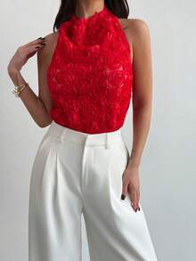 Firerie Áo kiểu dáng thanh lịch, năng động, cổ điển, hiện đại, không tay, cổ yếm, hở lưng, đính nơ, màu đen, phù hợp cho công sở, mùa xuân/hè. - Màu Đỏ Sâu - Xem 10