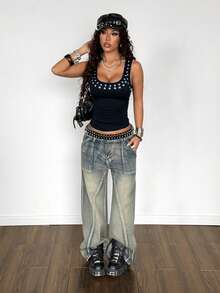 StreetHx Women's Black Square Neck Metal Decor Y2K Baddie Punk Rock Fitted Comfortable Layering Camisole, Halloween 2000s Style Streetwear Sleeveless - Navy Blue - View 3