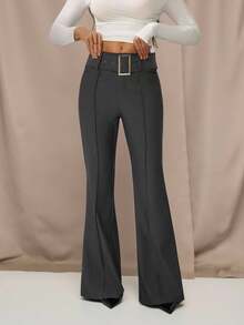 SHEIN Tall 返校季灰色弹力斜纹纯色条纹喇叭休闲裤，商务休闲女装，复古风格女装，办公室女装，旅行机场休闲裤，秋季女装知性长裤 - 灰色 - 查看 6