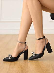 CUCCOO HITCHD Women's Rhinestone Bow Decor Pointed Toe Buckle Design Everyday Versatile Fashion High Heels Valentine's Day Elegant Shoes - Black - View 7