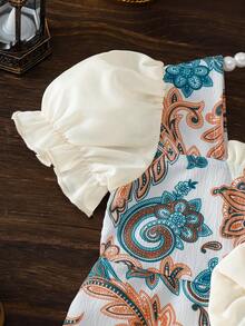 女婴碎花荷叶边领蝴蝶结连体衣，舒适可爱，适合春、夏、秋季穿着，适合外出，3个月-3岁 - 彩色 - 查看 5