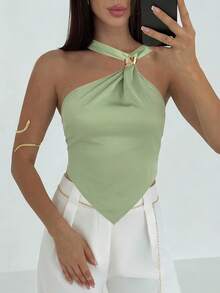 Aloruh 女士优雅通勤休闲金属装饰纯绿色衬衫 - 綠色 - 查看 7