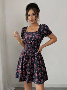 Rafferiza Vestido de mujer con cuello cuadrado, mangas abullonadas, cintura con volantes y cordón ajustable, estampado floral diminuto - Multicolor - Ver 6