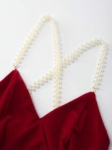 Franclia Premium Sexy V-Neck Pearl Strap Bodycon A-Line Dress, Slimming - Red - View 6