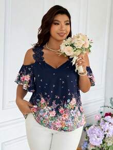 SHEIN Frenchy Plus Size Floral Print Applique Casual Short Sleeve Shirt, Going Out Tops - Navy Blue - View 1