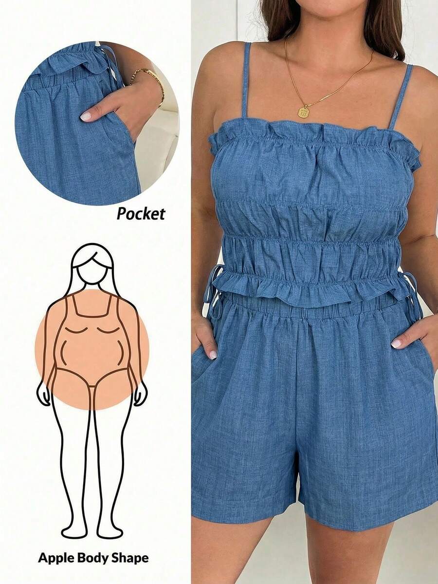 SHEIN Essnce Bộ đồ hai mảnh màu xanh dương dành cho nữ cỡ lớn, phong cách mùa xuân/hè, thoải mái, rộng rãi, mặc hàng ngày, gồm áo hai dây và quần short, thích hợp cho trang phục mùa hè, đi nghỉ mát. - Màu xanh lam - Xem 1