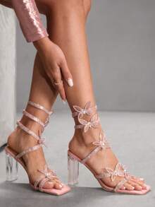 CUCCOO SZL Sandal cao gót mũi vuông màu trơn, trang trí hình bướm, thoải mái, thích hợp cho mùa hè. - Hồng - Xem 3