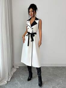 SHEIN Elenzya Women's Contrast Collar Design Double-Breasted Cinched Waist Waist Elegant Casual Commute Fashion French Versatile Holiday Business Sleeveless Trench Coat, Beige/Apricot, Early Spring/Spring & Summer - Multicolor - View 5