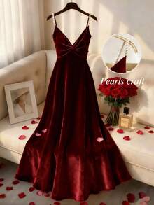 Franclia Đầm hai dây dài có dây xoắn phía trước, đính ngọc trai giả, thích hợp cho các bữa tiệc sang trọng và những buổi hẹn hò lãng mạn. - Màu Đỏ Sâu - Xem 1