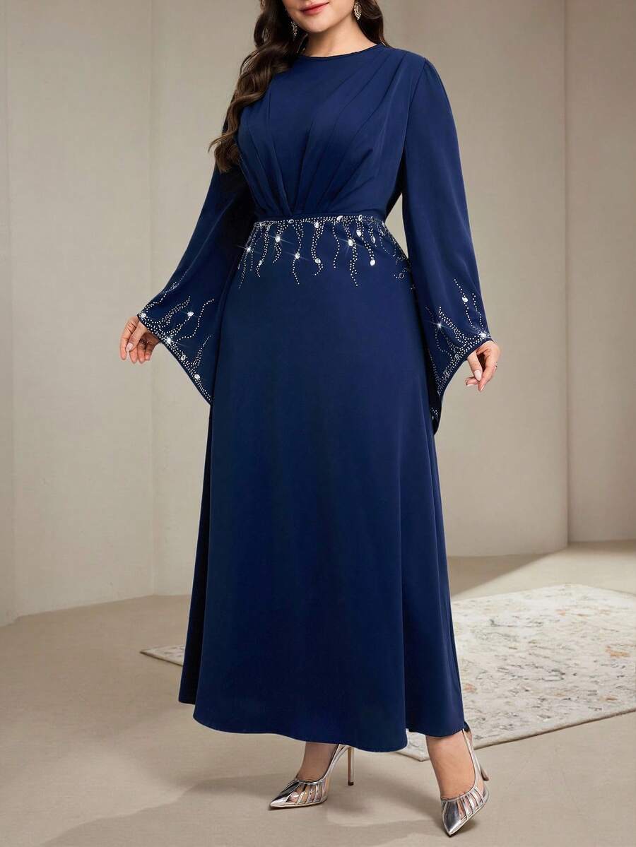 Veilorie Plus Size Women Crew Neck Flare Sleeve Rhinestone Decor Pleated Elegant Dress - Navy Blue - View 1
