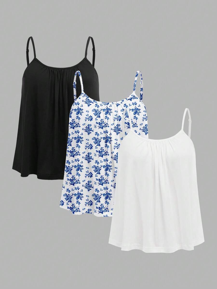 SHEIN EZwear Bộ 3 áo tank top hai dây dáng rộng, tối giản, cỡ lớn. - Nhiều màu - Xem 1