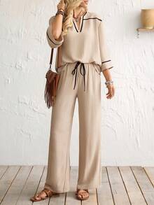 Florisole Vacation And Leisure Two-Piece Set With Black Trim, Summer Three-Quarter Sleeve Two-Piece Set With Trousers, Spring And Summer Two-Piece Set, Summer Suit, Casual Vacation Outfit, Women's Vacation Wear, Women's Holiday Outfit, Summer Holiday Outfit, Apricot Suit With Black Trim Design, Two-Piece Set - Apricot - View 1