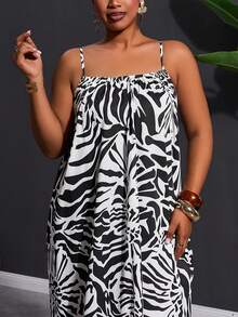 Slaydiva Plus Size Women's Abstract Floral Plant Zebra Print Sleeveless A-Line Maxi Dress Summer Boho Nomadic Style Loose Holiday Beach Vacation Wear White - Black and White - View 8
