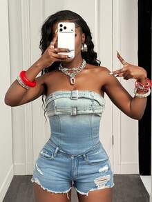 Slaydiva 女士时尚街头风水洗牛仔抹胸上衣，夏季必备 - 淺色水洗藍 - 查看 4