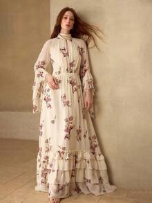 MOTF PREMIUM WOMEN'S FLORAL PRINT LAYERED RUFFLE HEM MID-LENGTH SLEEVE MOCK NECK MIDI DRESS, SPRING/SUMMER - Apricot - View 7