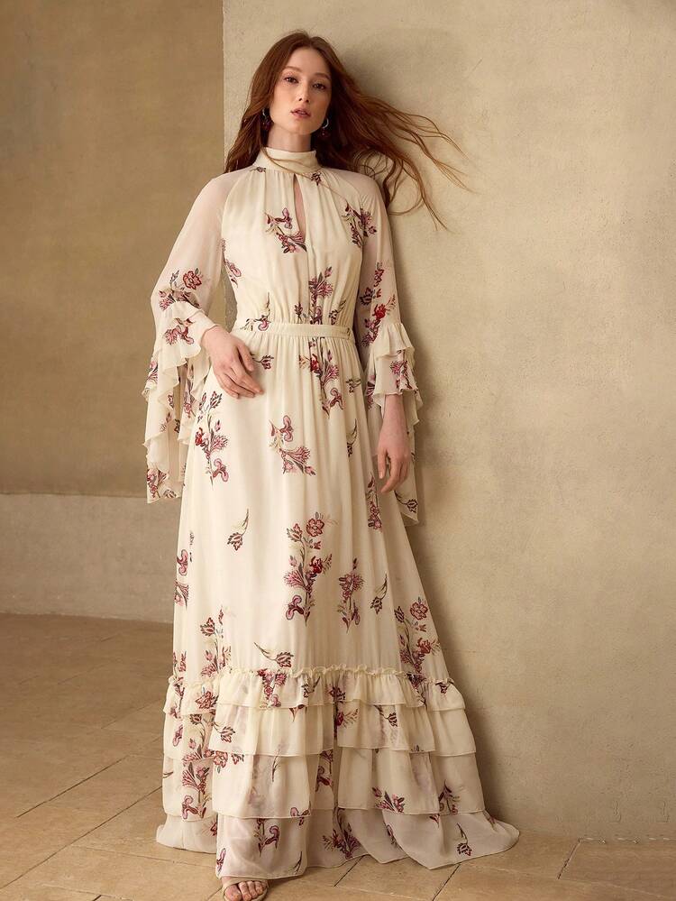 WOMEN'S FLORAL PRINT LAYERED RUFFLE HEM MID-LENGTH SLEEVE MOCK NECK MIDI DRESS, SPRING/SUMMER
