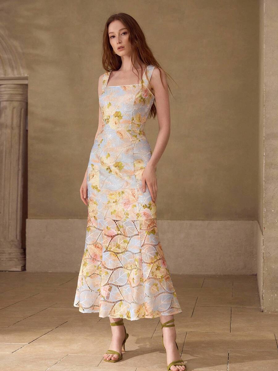 MOTF PREMIUM WOMEN'S EVERYDAY & DATE MIDI DRESS WITH WATER-SOLUBLE FLORAL PRINT, SPRING/SUMMER - Multicolor - View 1