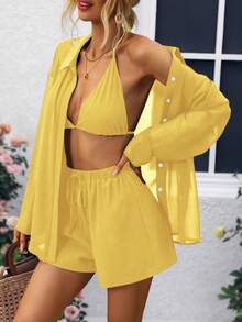Selianne 3pcs Women's Mesh Front Opening Long Sleeve Set - Yellow - View 3