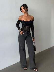 Aloruh Women's Black Lace Sheer Hollow Out Off-Shoulder Long Sleeve Bodysuit, Suitable For Weddings, Parties, Dates, Autumn/Winter Layering - Black - View 7
