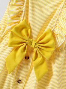 Girls' Cute Yellow Striped Dress,Summer Holiday Bow Decoration Ruffle Edge Hem Button Loose Comfortable Soft Design For Tea Party,Daily Wear,School - Multicolor - View 6