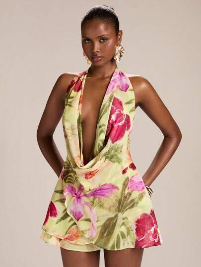 SHEIN BAE Women's Yellow Base Tropical Floral Print Halter Tie Back A-Line Mini Dress, Spring/Summer
