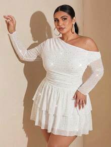 SHEIN BAE Plus Size White Summer Elegant Girlism Night Out Club Party Dresses,Shiny Sequin Rhinestone Asymmetrical Oblique Shoulder Mesh Cascading Ruffle Dress - White - View 5
