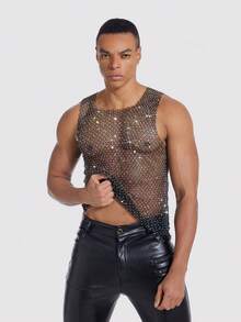 Manfinity AFTRDRK Men's Sexy Nightclub Party Rhinestone Elastic Mesh Sheer Tank Top - Black - View 1