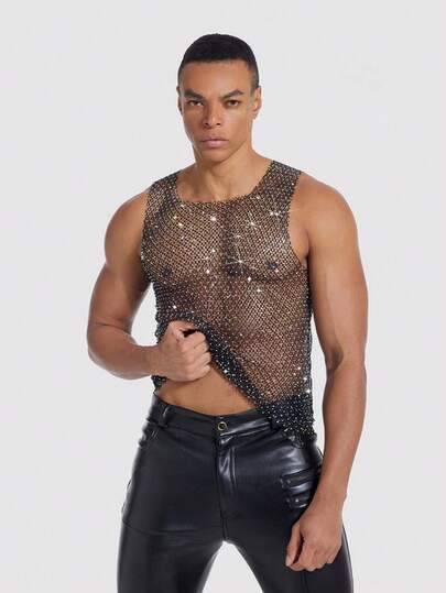 Manfinity AFTRDRK Men's Sexy Nightclub Party Rhinestone Elastic Mesh Sheer Tank Top