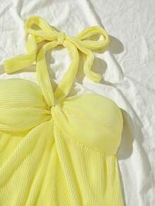 SHEIN Unity 女士舒适休闲扭结露背吊带背心和双层荷叶边修身迷你裙两件套，春夏款 - 黃色 - 查看 4