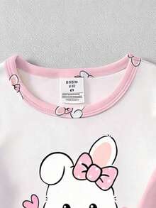 1 Set Young Girls Cute Rabbit Print Knit Short Sleeve Top And Full Print Pants Pajama Set, Spring/Summer - White - View 5