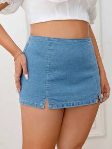 SHEIN ICON Gonna pantalone in denim casual con vita alta e doppia fenditura sul fondo, taglie comode - Lavaggio chiaro - Visualizzare 6