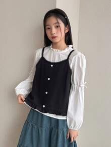 DAZY 少女休闲纯色蝴蝶结装饰衬衫和吊带背心套装 - 黑與白 - 查看 2