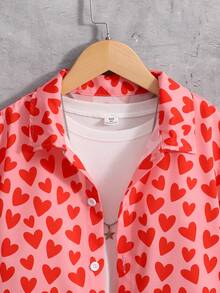 SHEIN Tween Boy Polo Collar Single-Breasted Heart Print Casual Versatile Short Sleeve Shirt - Multicolor - View 7