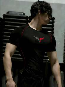 GymBeat 男士公牛印花圆领插肩短袖运动T恤 - 黑色 - 查看 3